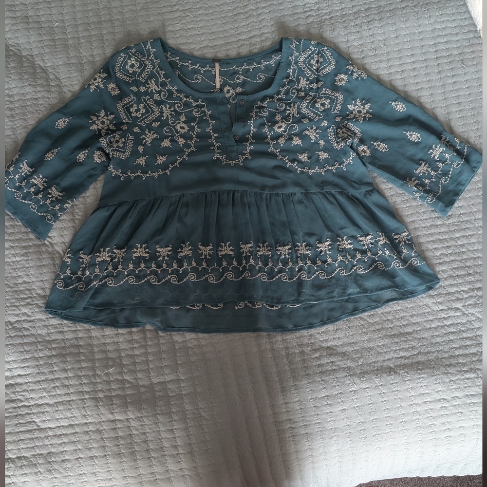 Free People Blue and White Geometric Embroidered Blouse